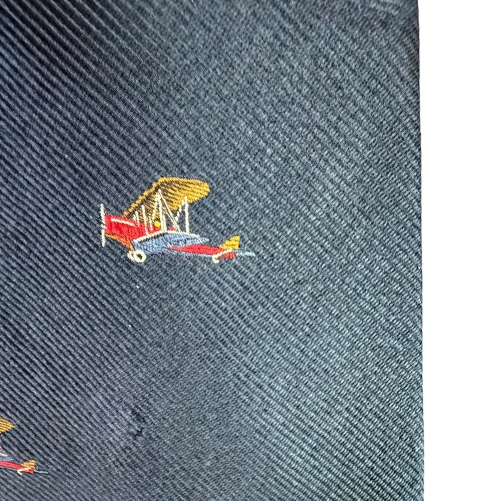 Vintage Lands End Biplane‎ Silk Tie Blue Embroidered Aviation Airplane Captain